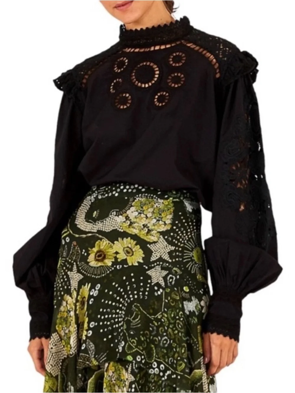 FARM Rio Black Eyelet and Lace High Neck Ruffle Blouse size large boho festival
